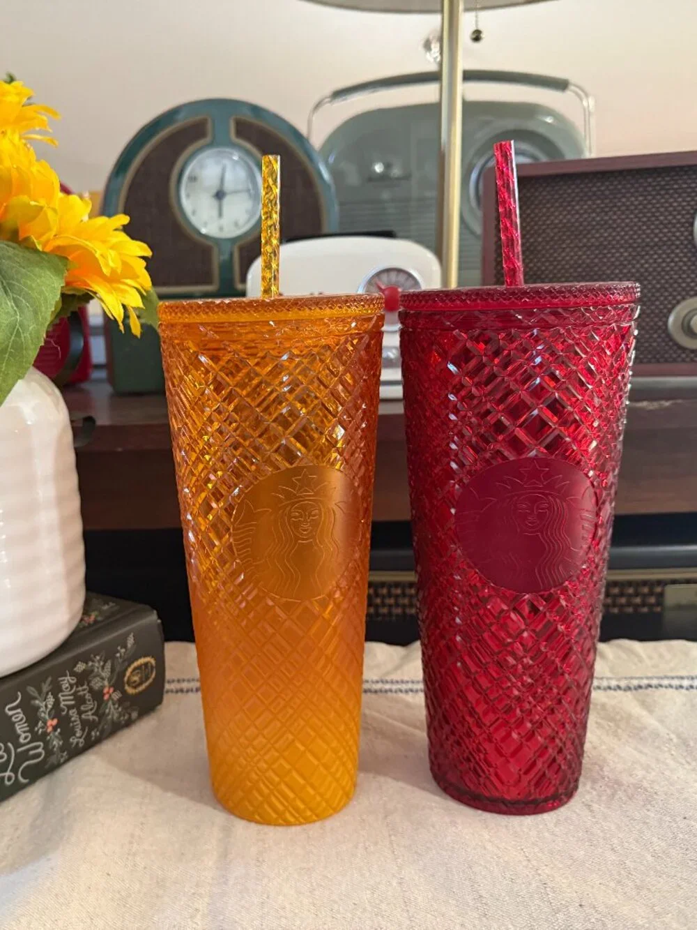 Starbucks Orange & Red Jeweled Cold Cups with Straws Set of 2